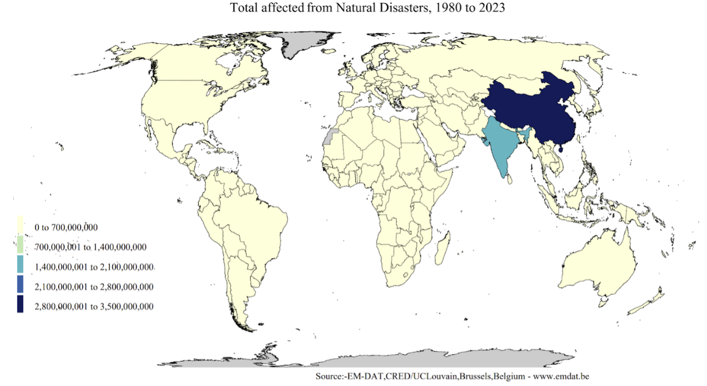 Total population affected by natural disasters by country between 1980 - 2023