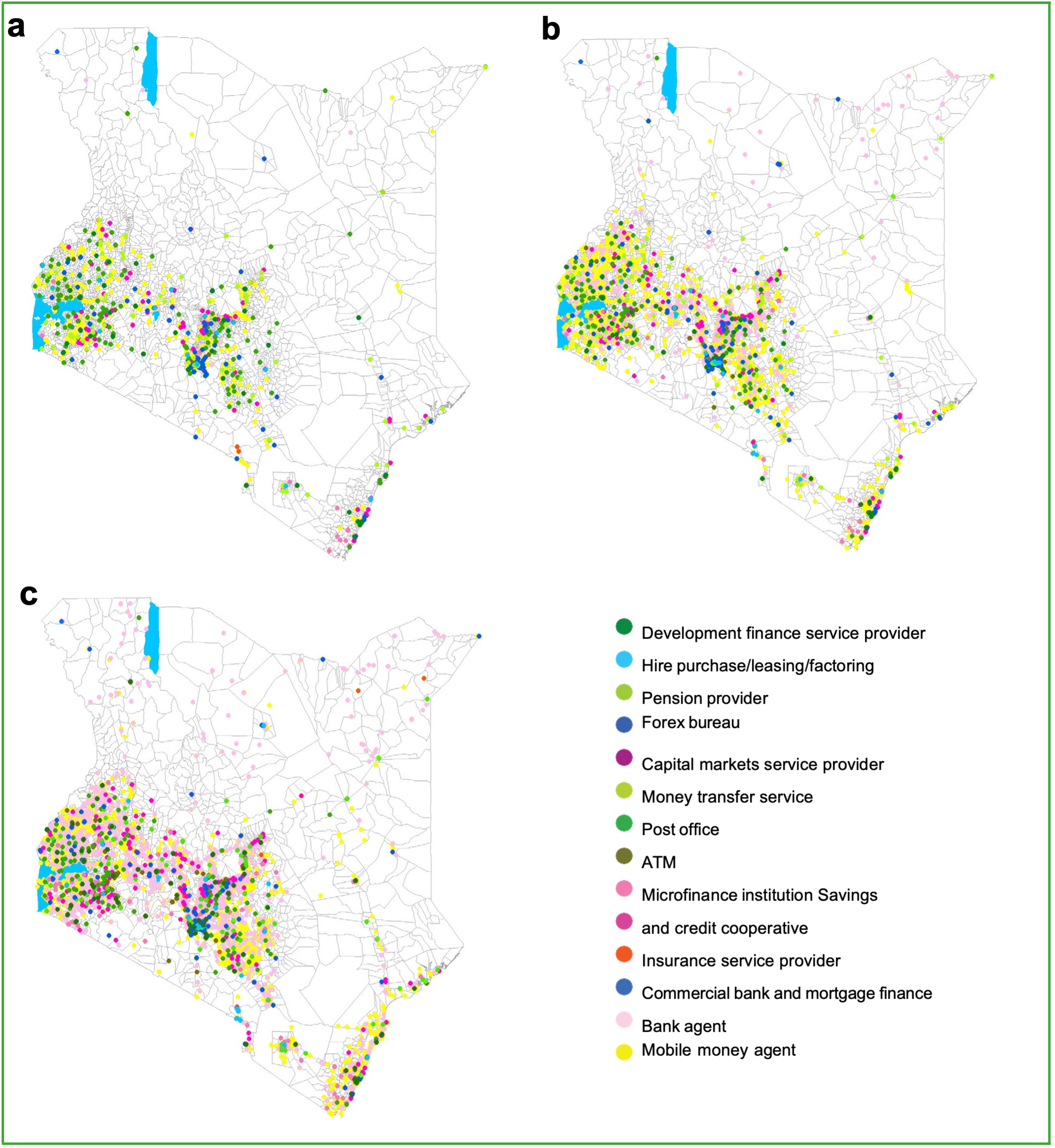 Figure 5: Agent density in Kenya in (a) 2007, (b) 2011, (c) 2015