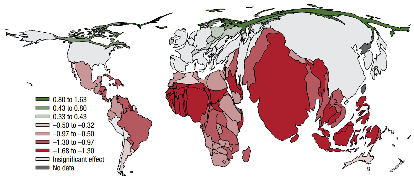 Source: Acevedo et al. (2018). Note: The map depicts the effect of a 1°C increase in temperature on real per capita output at the country level, with countries rescaled in proportion to their population.
