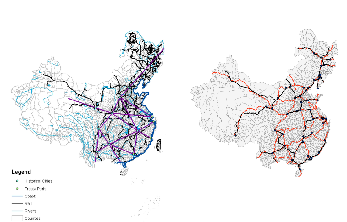 (a) Straight-line instrument, Banerjee et al. (2020) (b) Least-cost instrument, Faber (2014) Notes: Both images taken directly from the papers referenced. The instrument in Banerjee et al. (2020) (purple lines) draws a straight line between historically important cities and between historically important cities and the nearest port. The least-cost instrument in Faber (2014) calculates the least-cost path between any two cities by using remotely sensed data on land cover and elevation to characterise costs, and then applying Dijkstra’s optimal route algorithm to find the minimum number of connections needed to connect all cities.