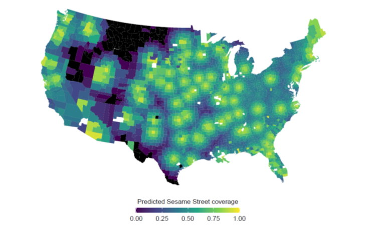 Estimated county coverage rates of Sesame Street in 1969