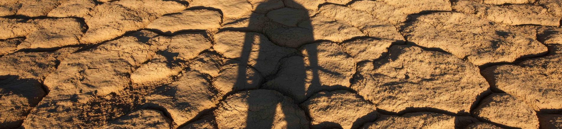 Man standing in desert with shadow behind him