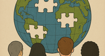people looking at the world with puzzle pieces missing