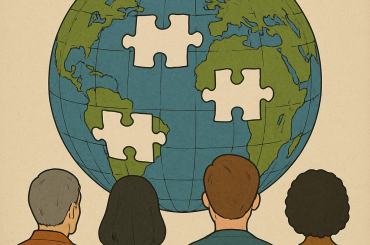 people looking at the world with puzzle pieces missing